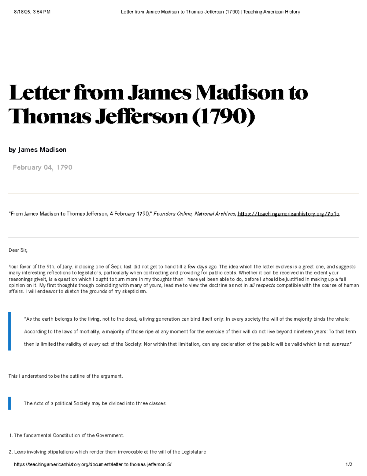 3:54 PM Analysis of Madison's Letter to Jefferson (1790) TAH - Studocu