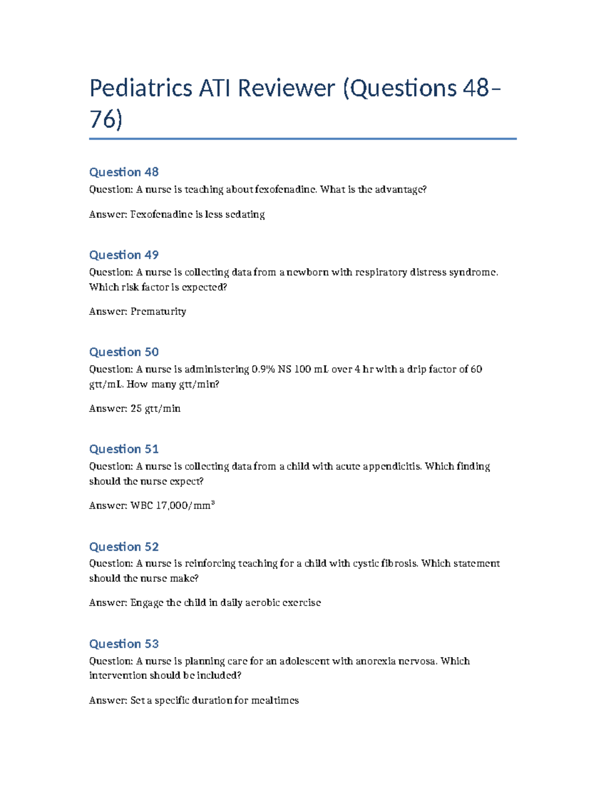 Pediatrics ATI Reviewer: Key Questions and Answers (PEDS 3) - Studocu