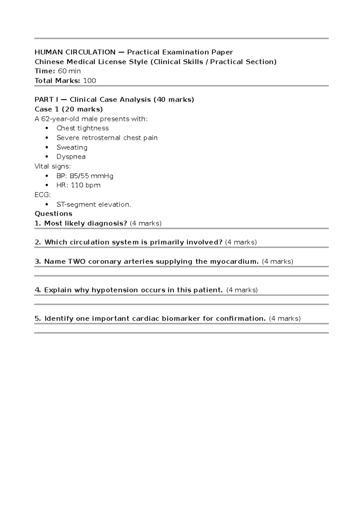 HUMAN CIRCULATION Practical Exam Paper - Clinical Skills (60 min) - Studocu