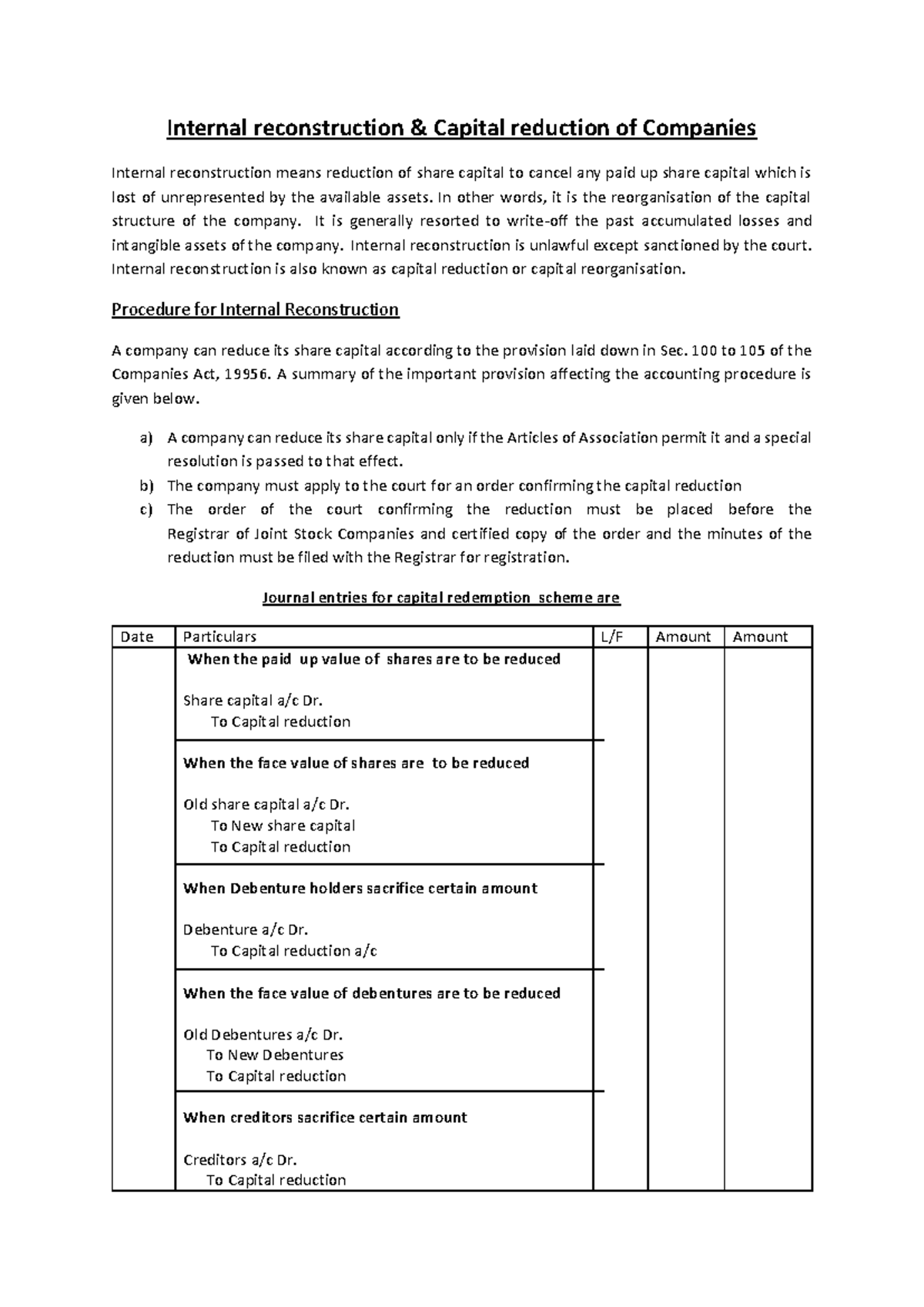 Internal Reconstruction and Capital Reduction - 5 (Case Study) - Studocu