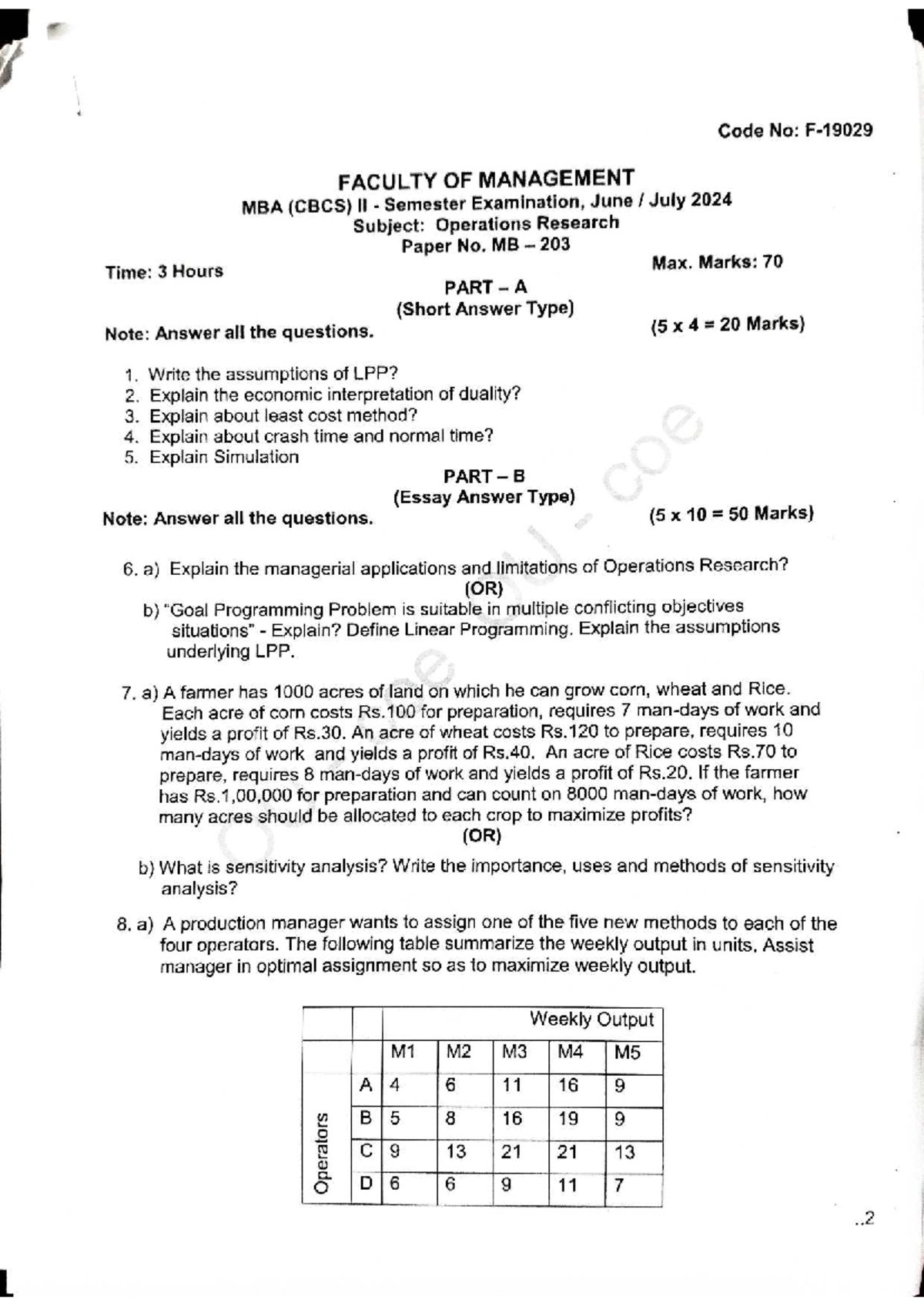 Operations Research Exam Paper: MBA MB 203 & MB 303 (June-July 2024 ...