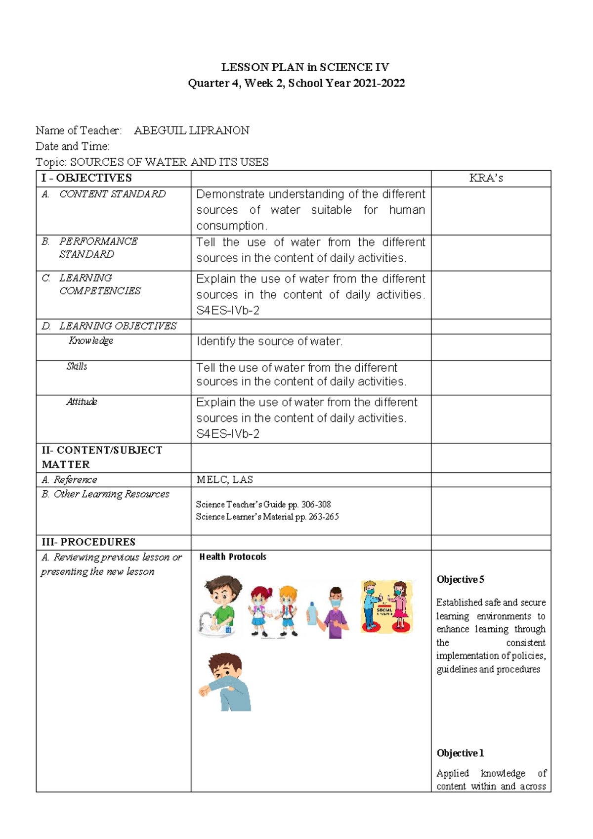 LESSON PLAN: SCIENCE IV Q4W2 - SOURCES OF WATER & USES - Studocu