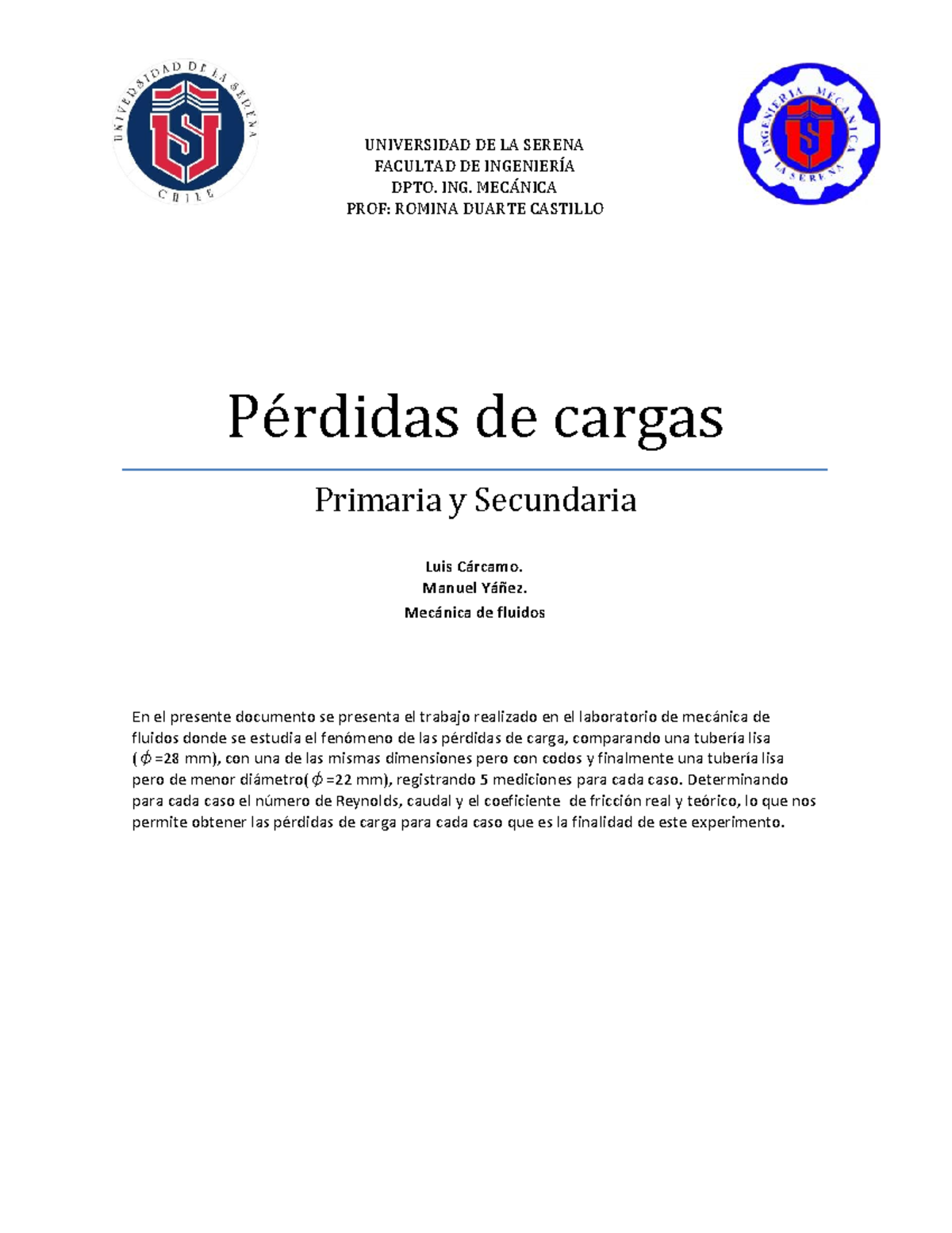 Informe N°4: Pérdidas de Carga en Tuberías (Mec. de Fluidos) - Document Preview