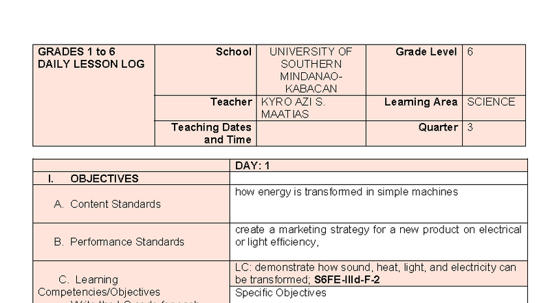 Grades 6 Science Daily Lesson Log: Energy Forms & Applications - Studocu