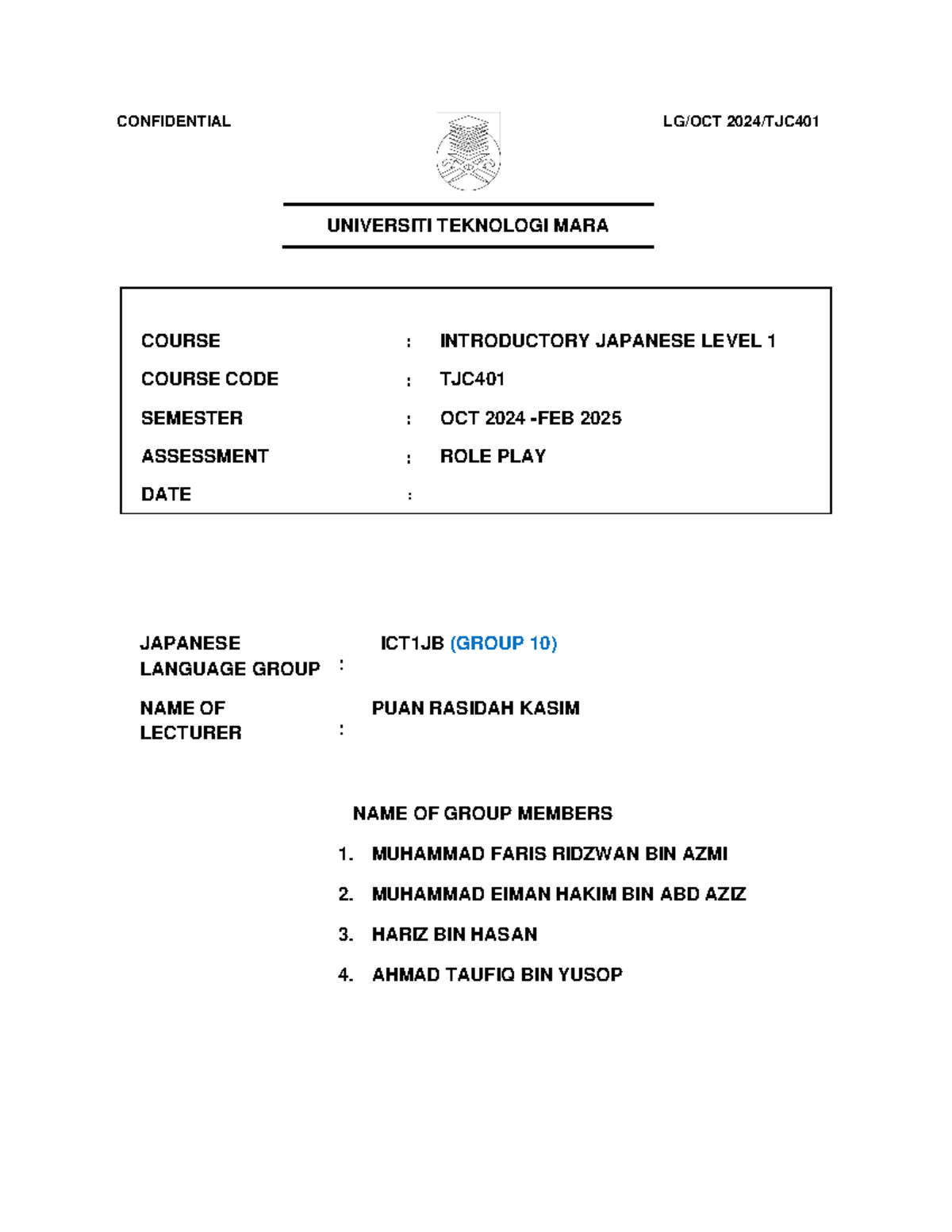 Draft Script for Japanese Role Play - TJC 401 (Oct 2024) - Studocu