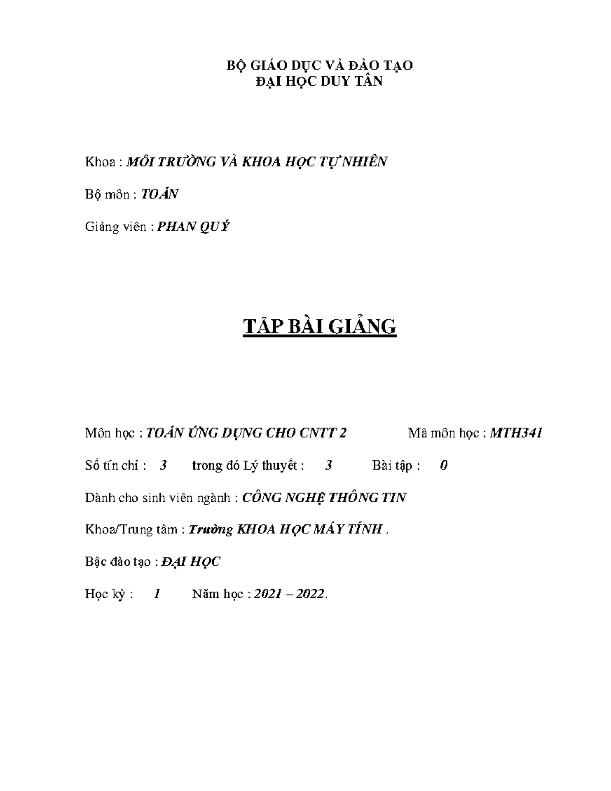 MTH 341 - Bài Giảng Chuyên Đề Tính Toán Ứng Dụng - Document Preview