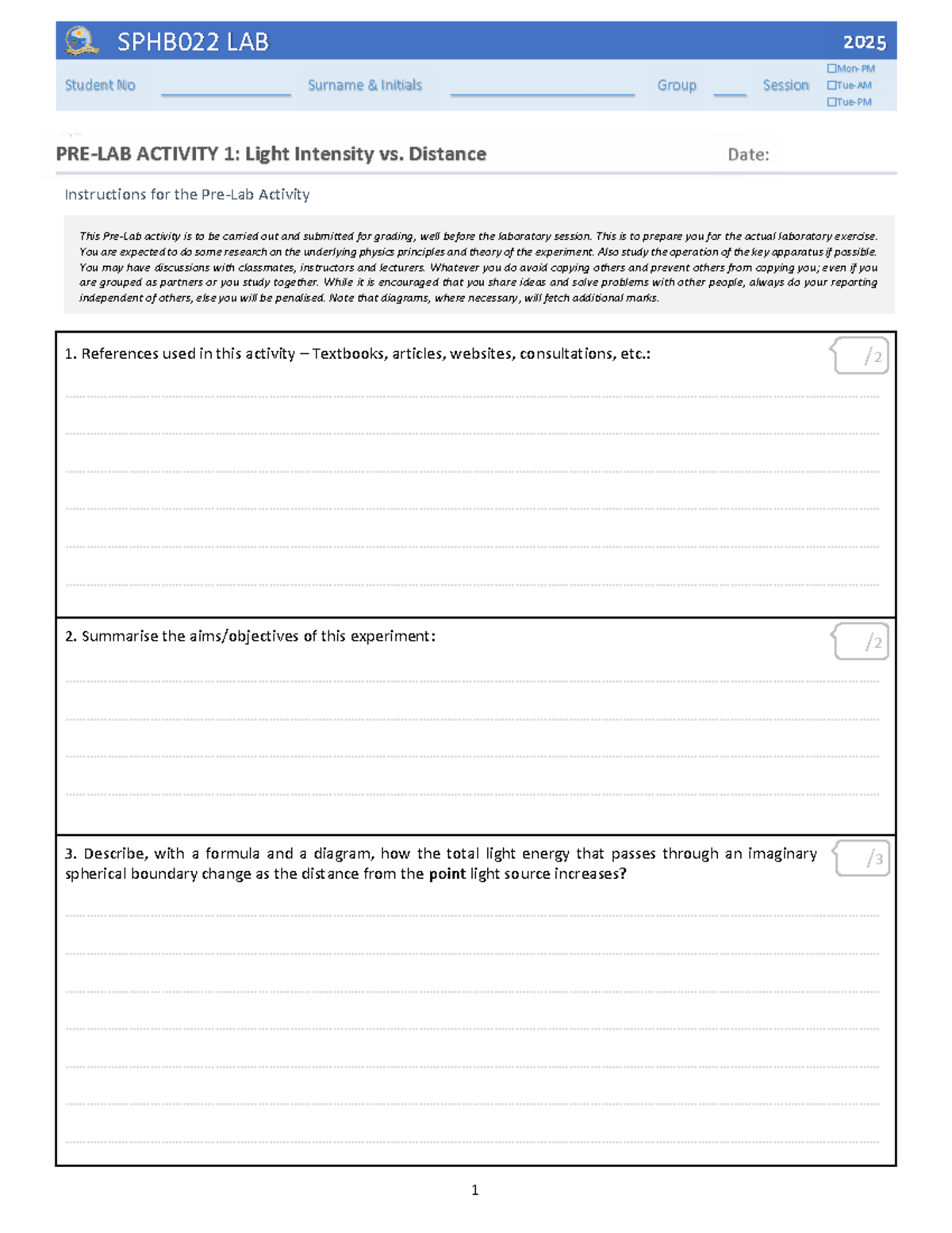 Practical Manual 2025 for SPHB022: Light Intensity & Diffraction ...