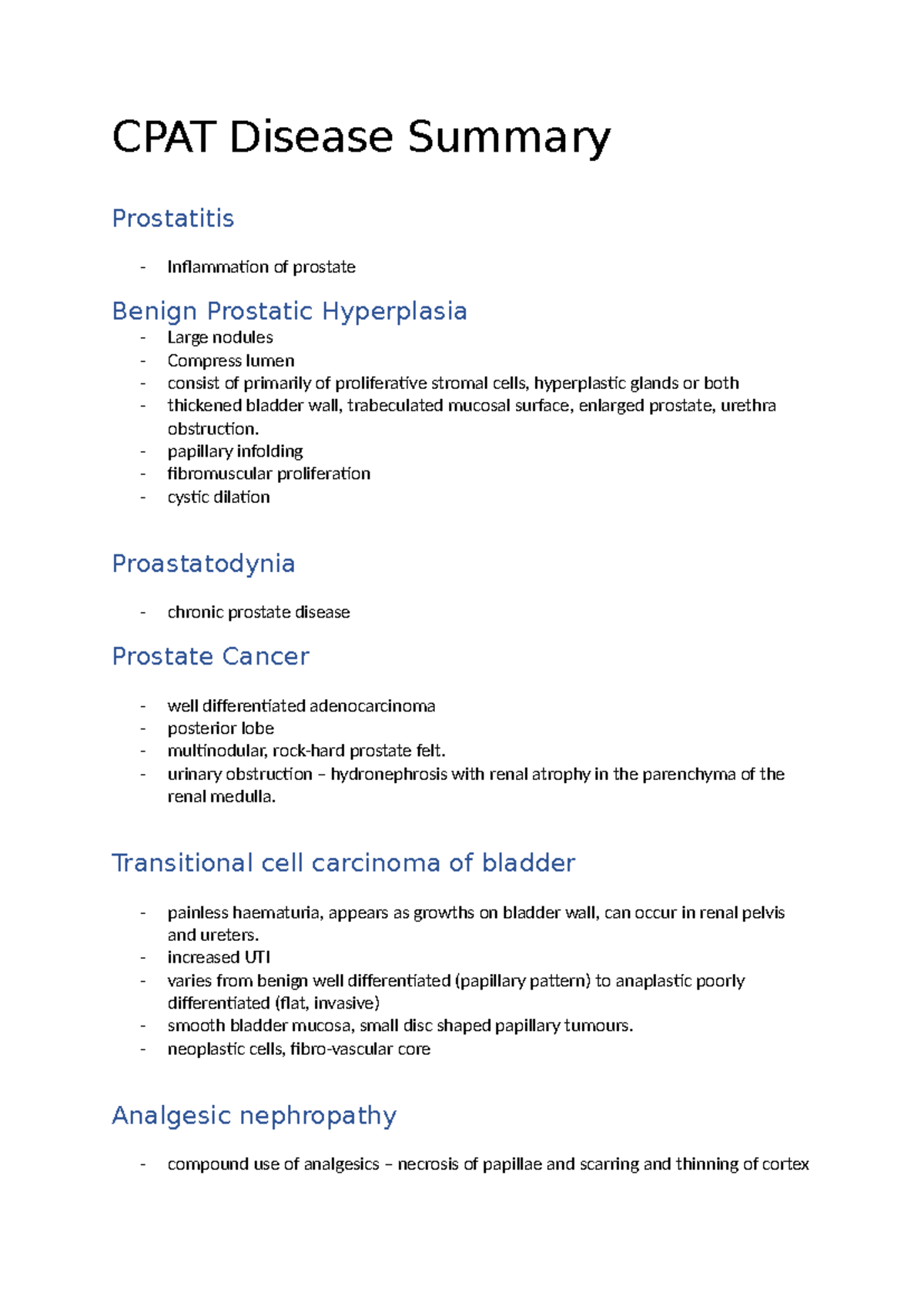 CPAT Disease Summary: Prostatitis, Cancer, and Renal Conditions ...
