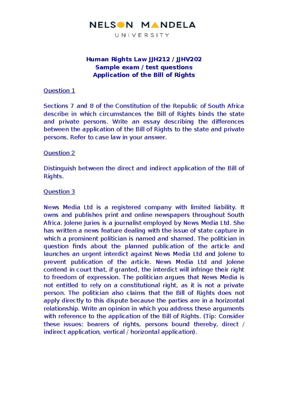 Human Rights Law JJH212 JJHV202 Sample Exam Questions on Bill of Rights ...
