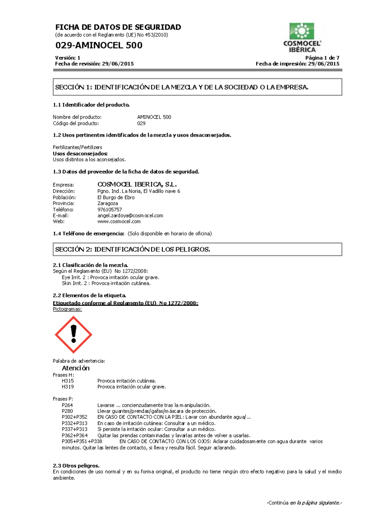 Ficha de Datos de Seguridad: Aminocel 500 (Reglamento UE No 500) - Studocu
