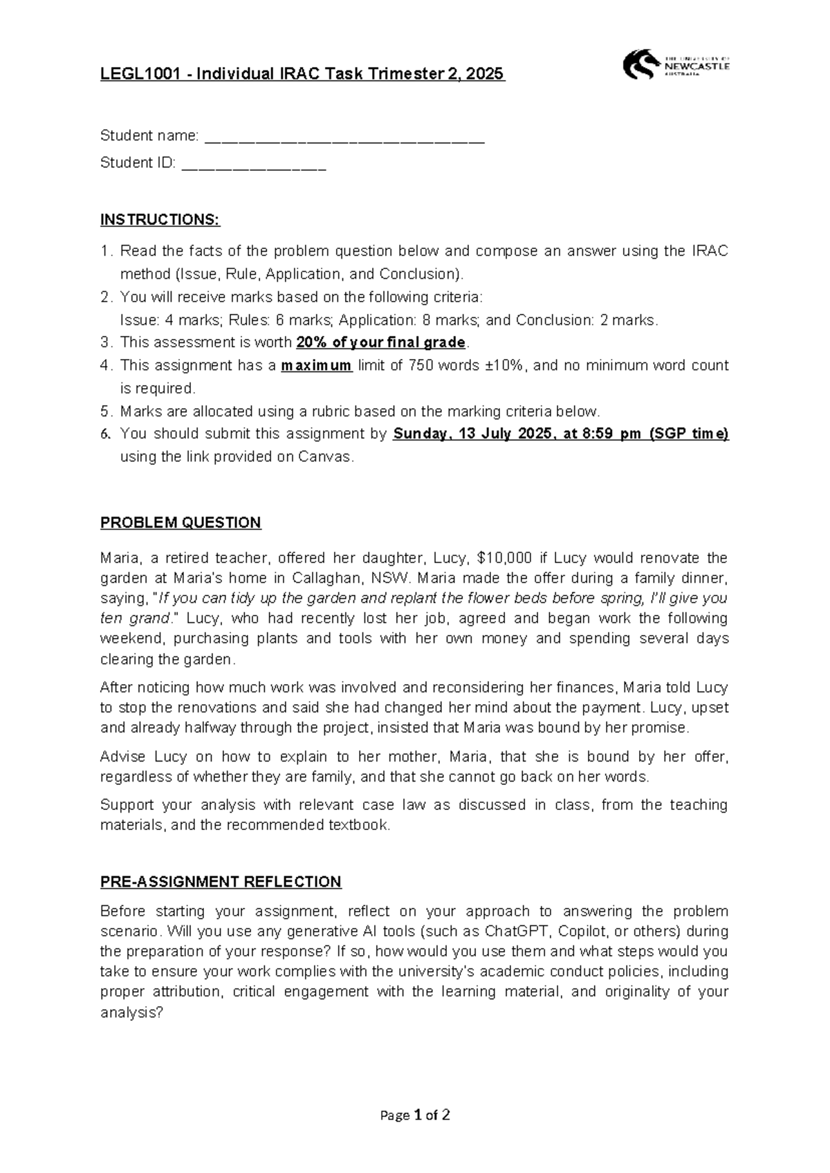 LEGL1001 Individual IRAC Task - T2 2025 Analysis of Family Offer - Studocu
