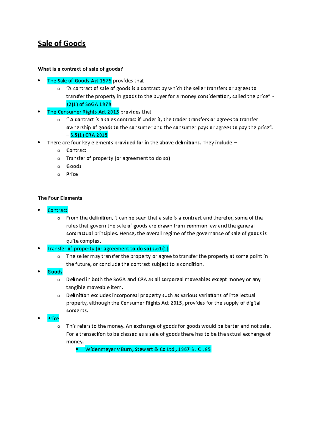 Commercial Law - Sale of Goods Lecture Notes - Sale of Goods What is a ...