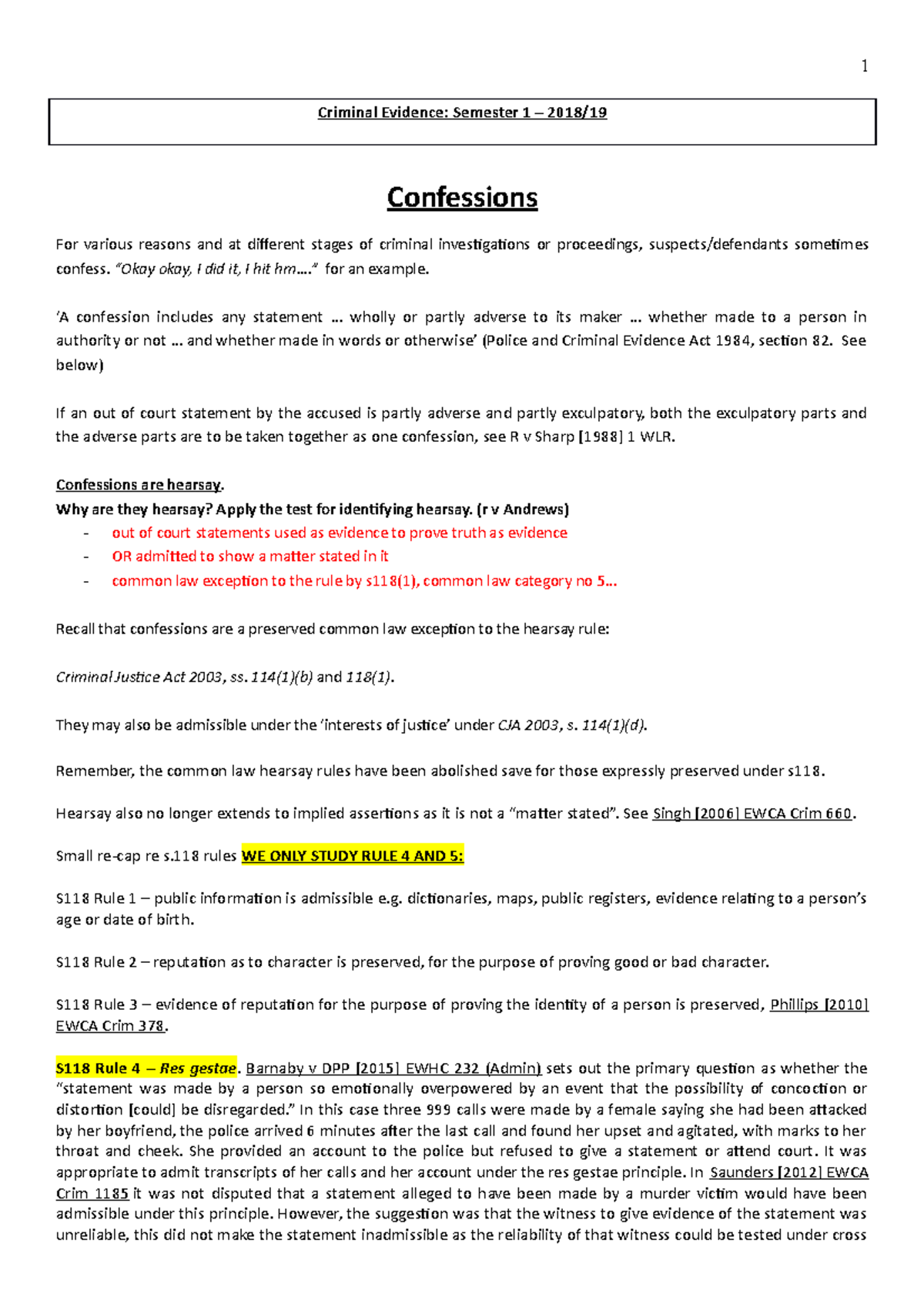 Confessions in Criminal Evidence Law: Week 10 Lecture Notes - CRIMINAL ...