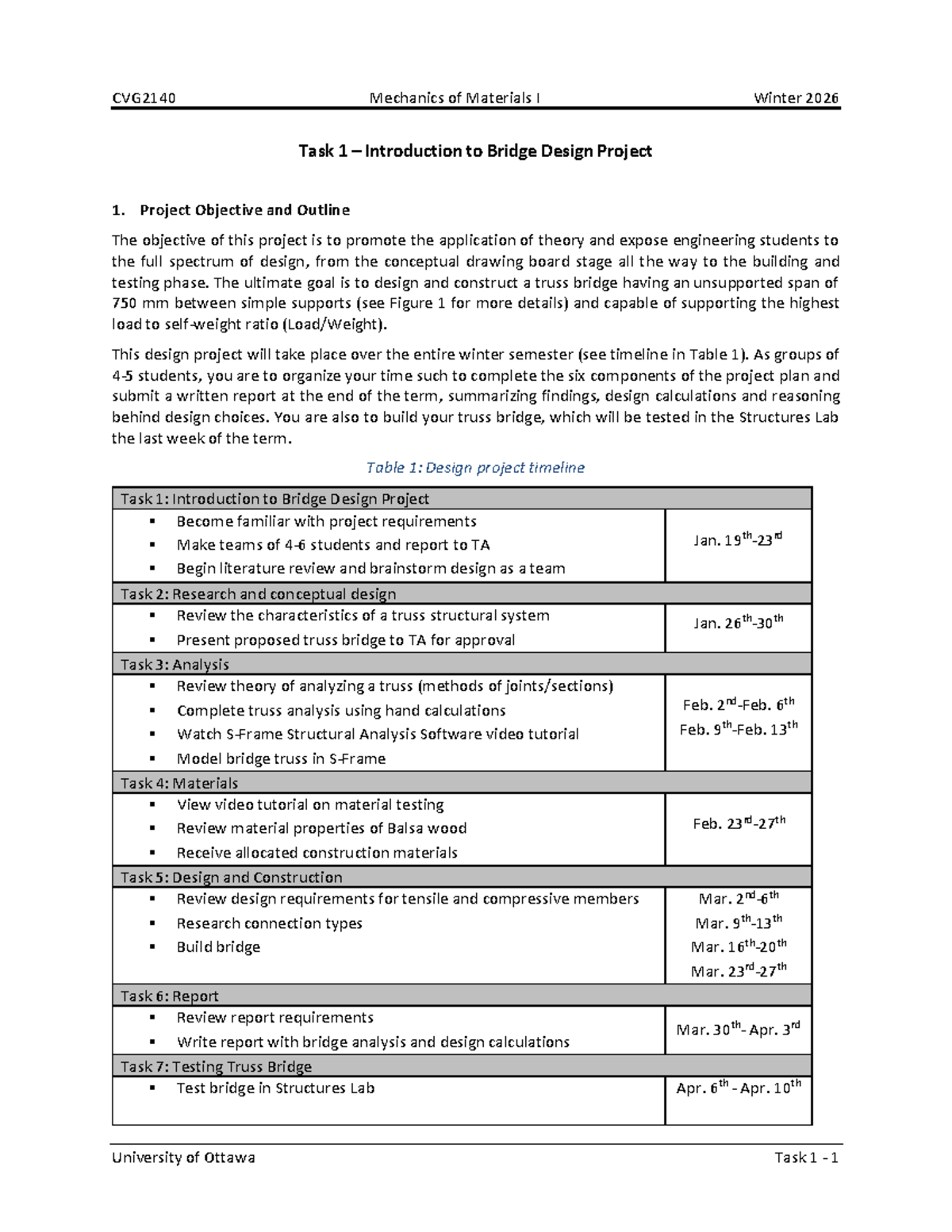 CVG2140 Mechanics of Materials I W2026 - Bridge Design Project Task 1 ...