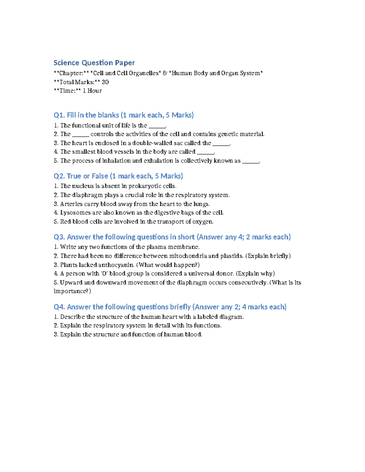 Science Question Paper - Science Question Paper Chapter: Cell and Cell ...