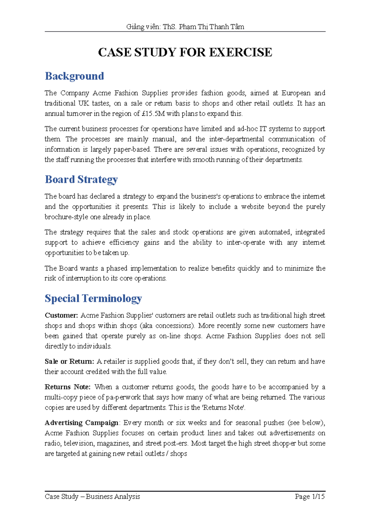 BA Case Study for Exercise - CASE STUDY FOR EXERCISE Background The ...