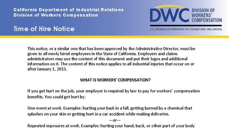 CA Time of Hire Notice: Workers' Compensation Benefits Overview - Studocu