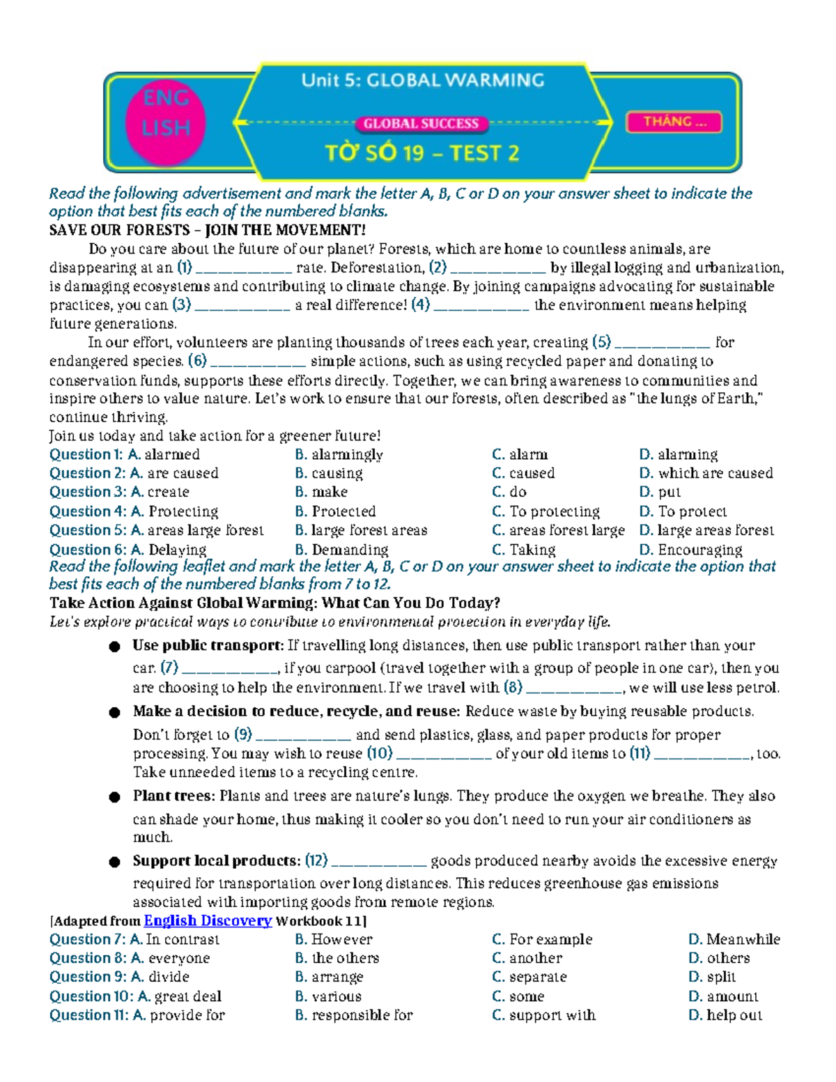 Unit 5 - Test 2 - HS - Global Success: Environmental Awareness Quiz ...