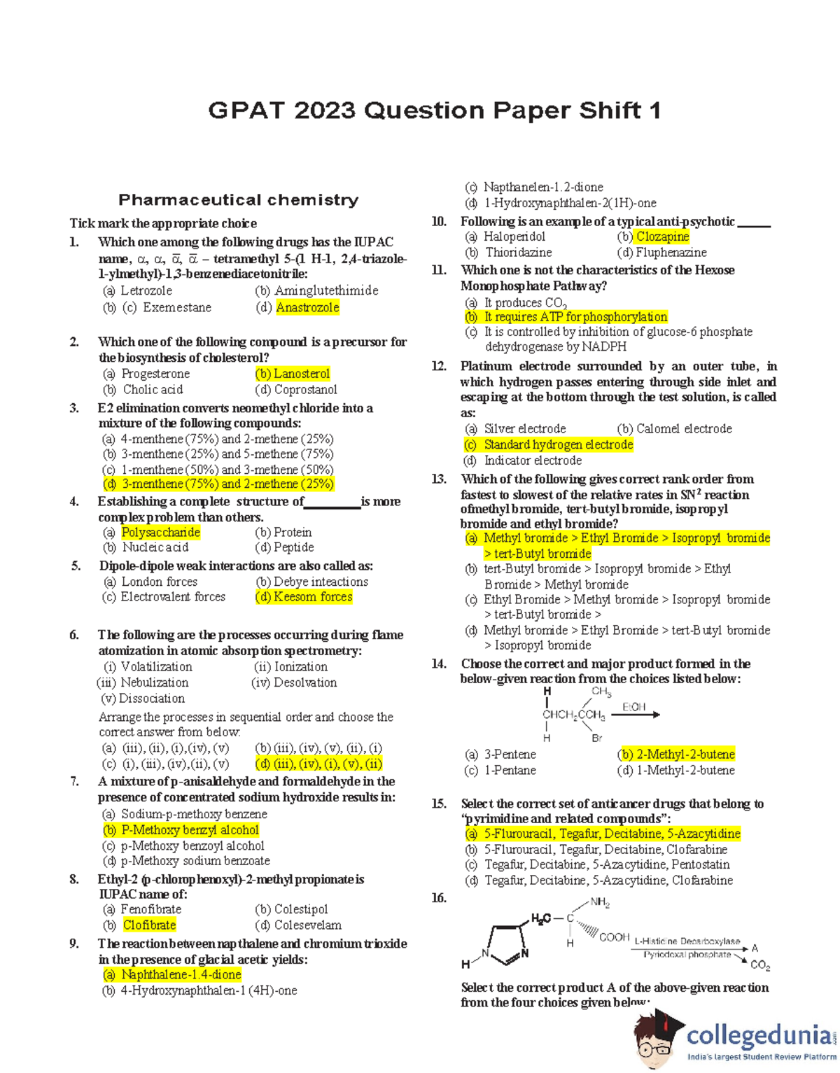 GPAT 2023 Shift 1 Question Paper with Answer Key and Solutions - Studocu