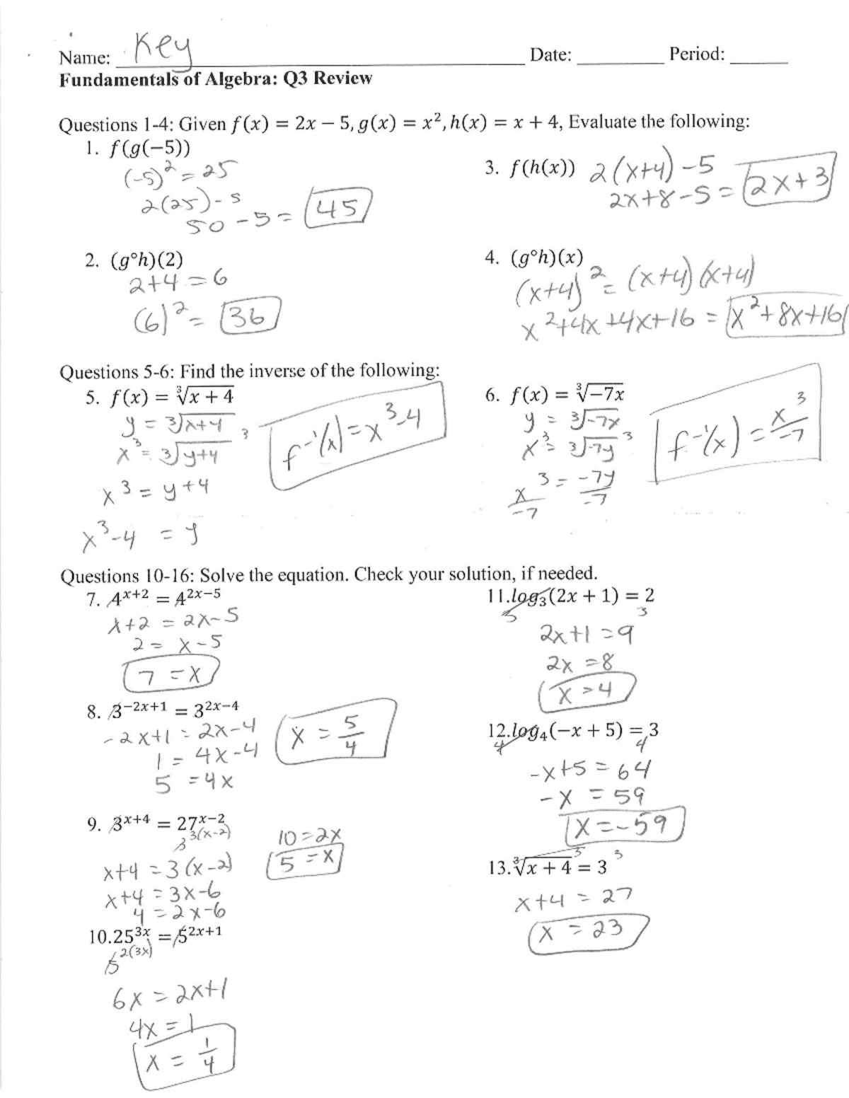 Fundamentals of Algebra: Q3 Review Questions and Solutions - Studocu