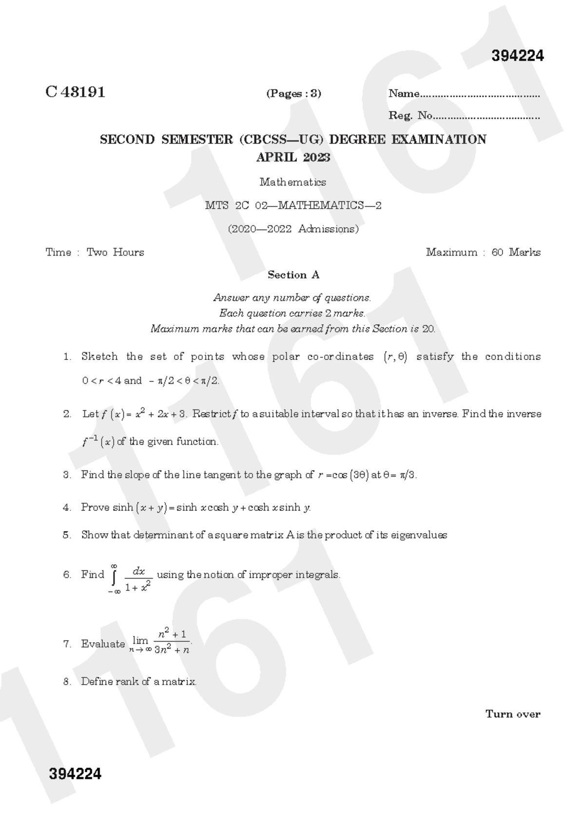 MTS 2C Final Exam Mathematics April 2023 - 60 Marks - Studocu