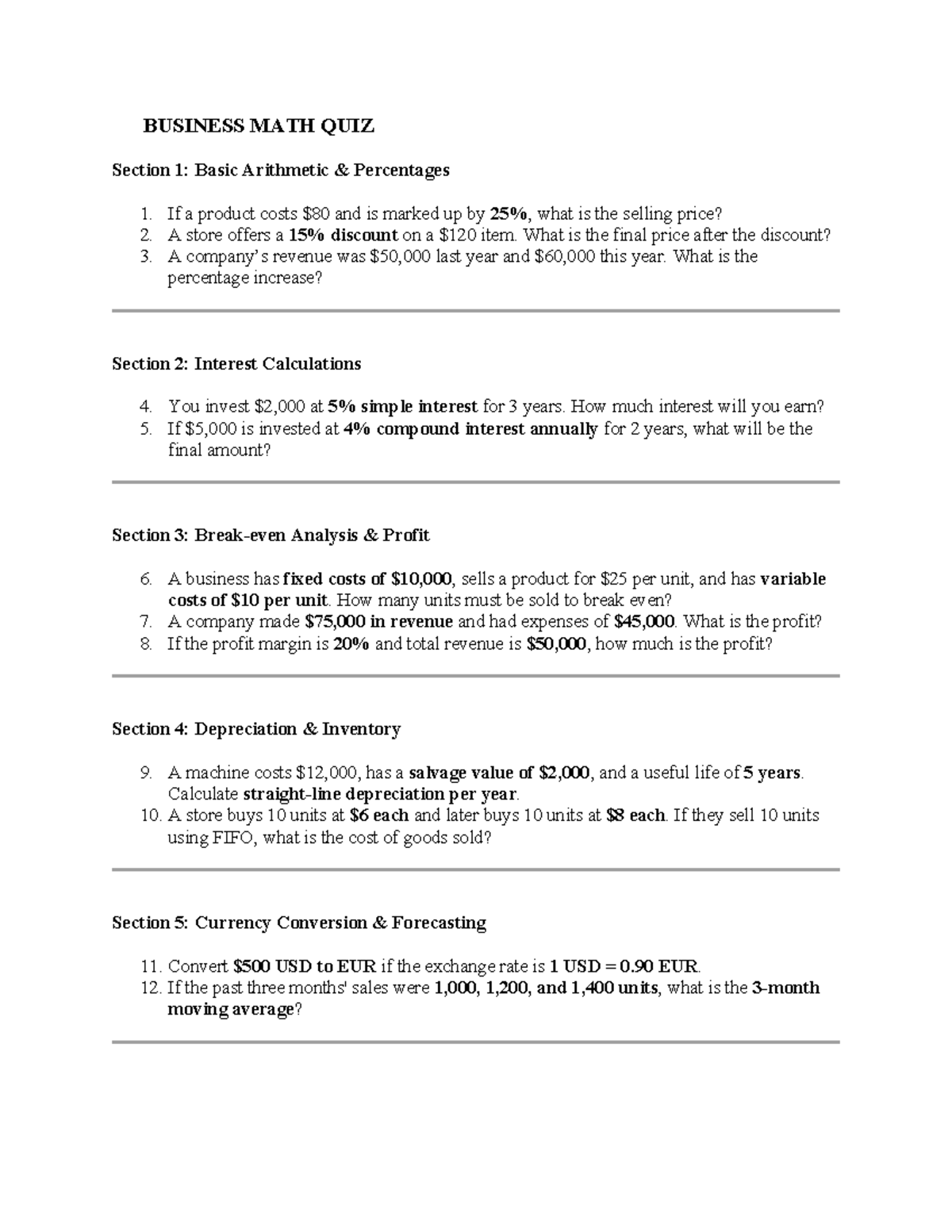 Business Math Quiz - Key Problems & Solutions (Final Exam Review) - Studocu