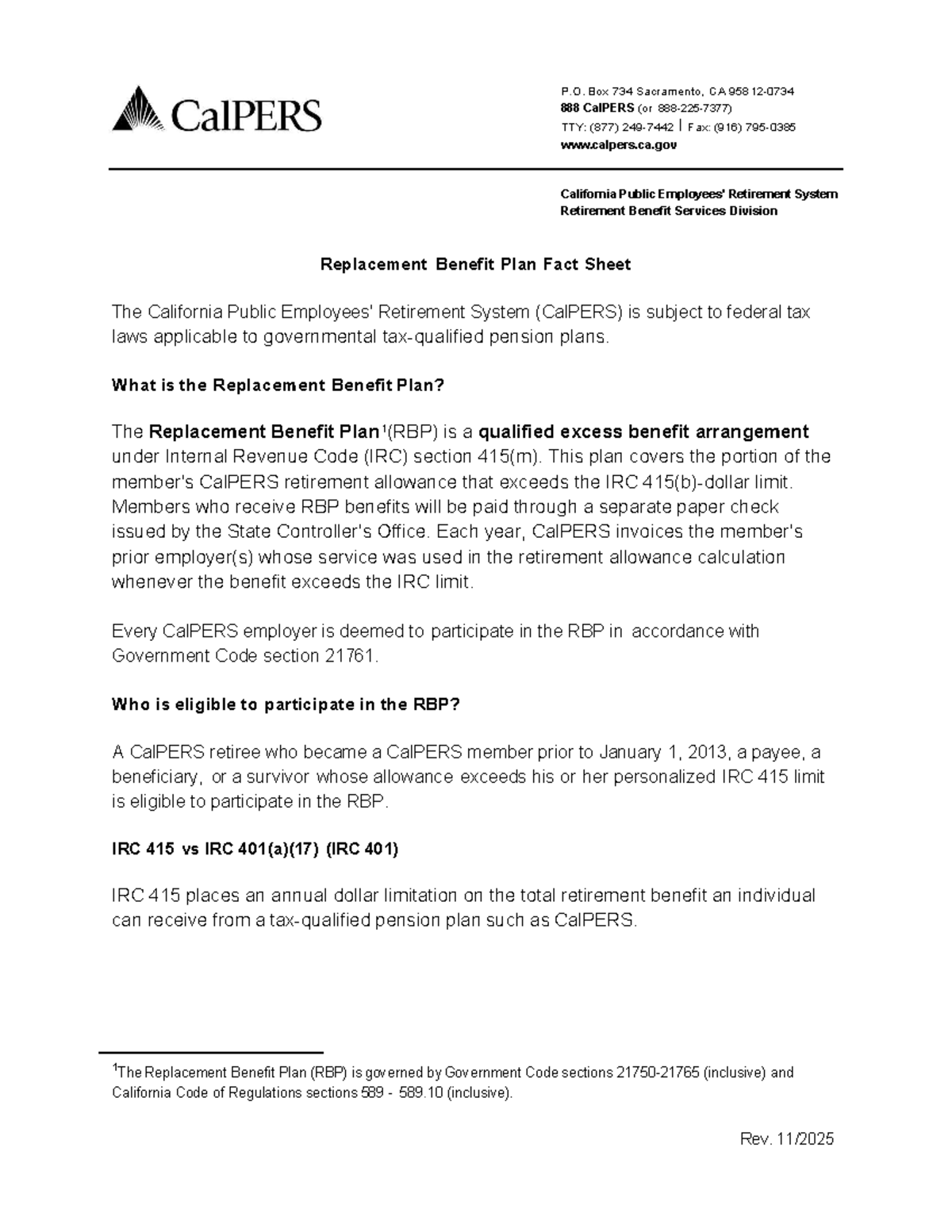 CalPERS Replacement Benefit Plan Overview: IRC 415 Fact Sheet - Studocu