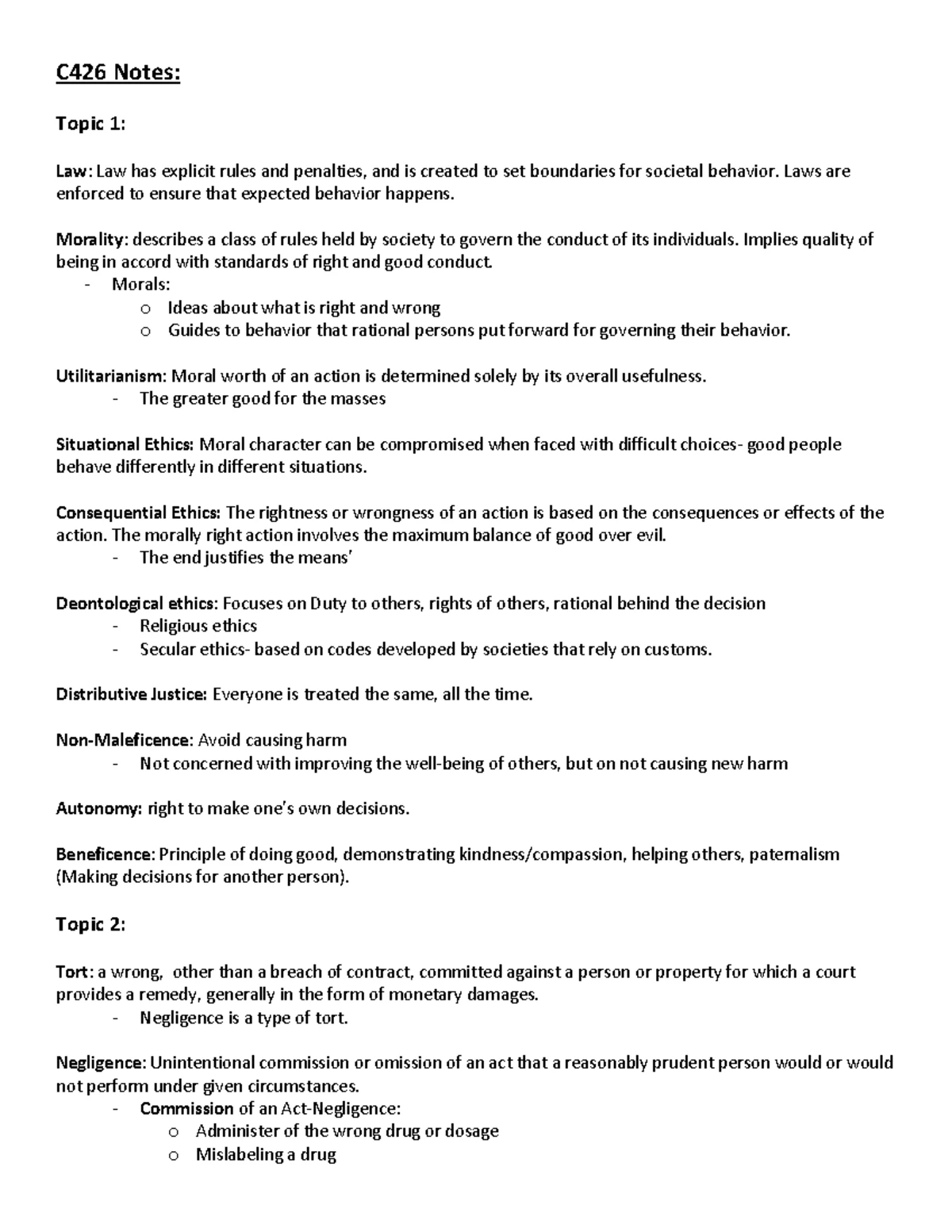 C426 Notes: Legal and Ethical Considerations in Healthcare - Studocu