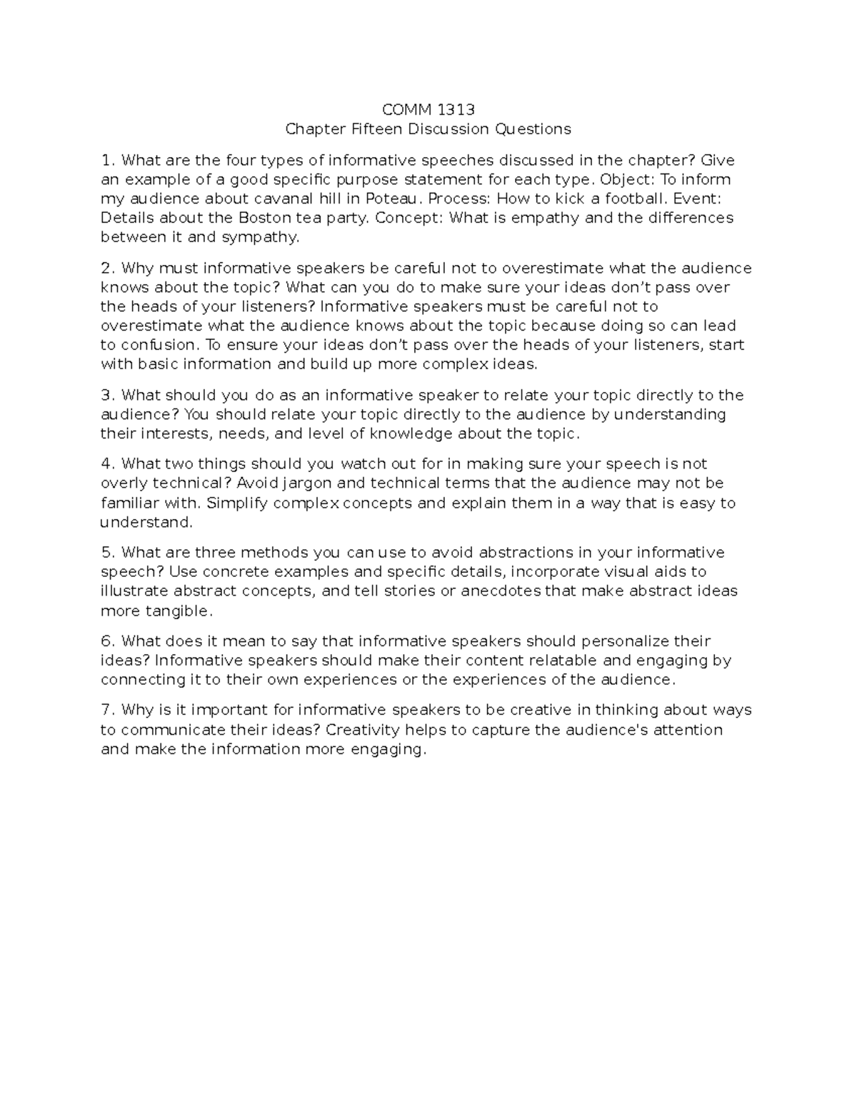 COMM 1313 Chapter 15 Discussion Questions on Informative Speeches - Studocu