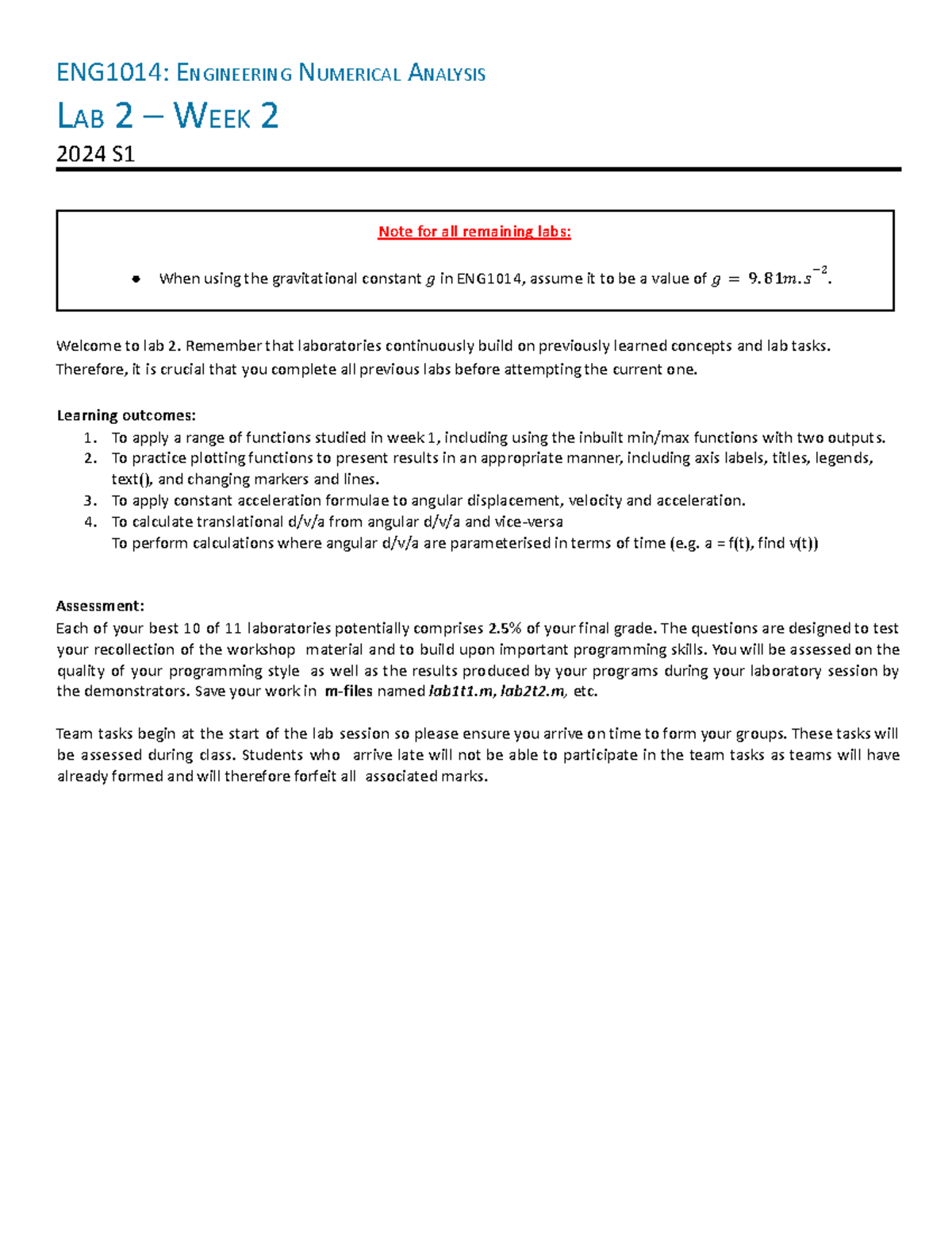 ENG1014: Lab 2 2024 - MATLAB Practice Questions and Tasks - Studocu