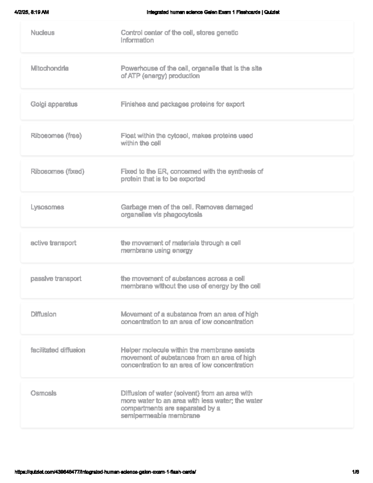 Integrated human science galen exam 1 flashcards review studocu