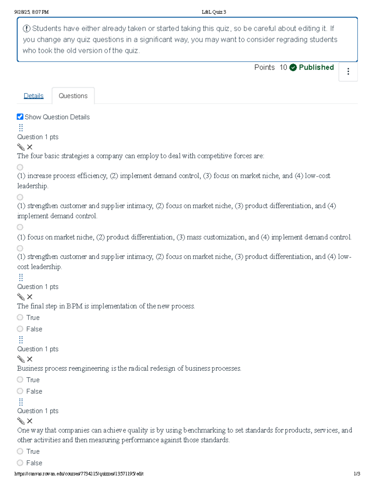 L&L Quiz 3: Competitive Forces & Info Systems Analysis - Studocu
