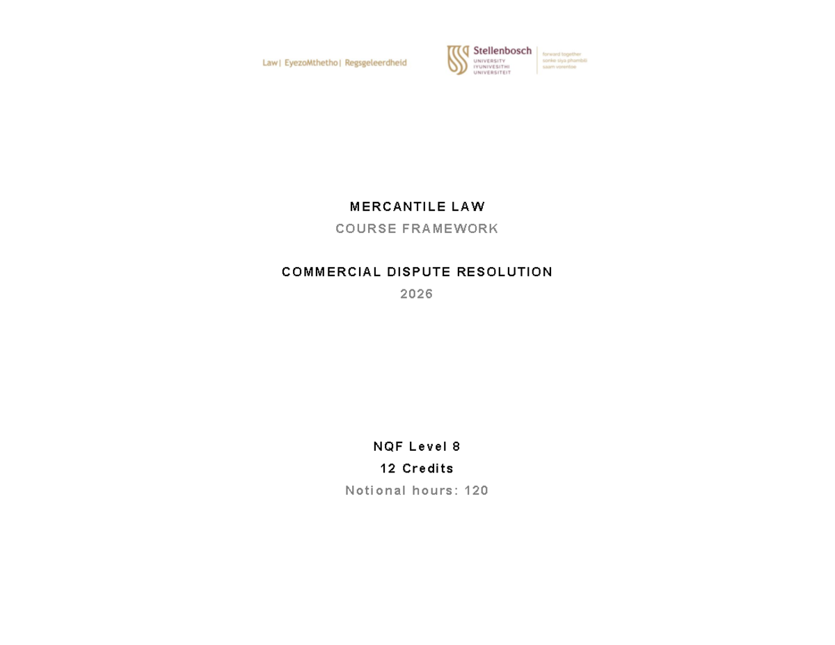 Commercial Dispute Resolution 414: Course Framework 2026 - Studocu