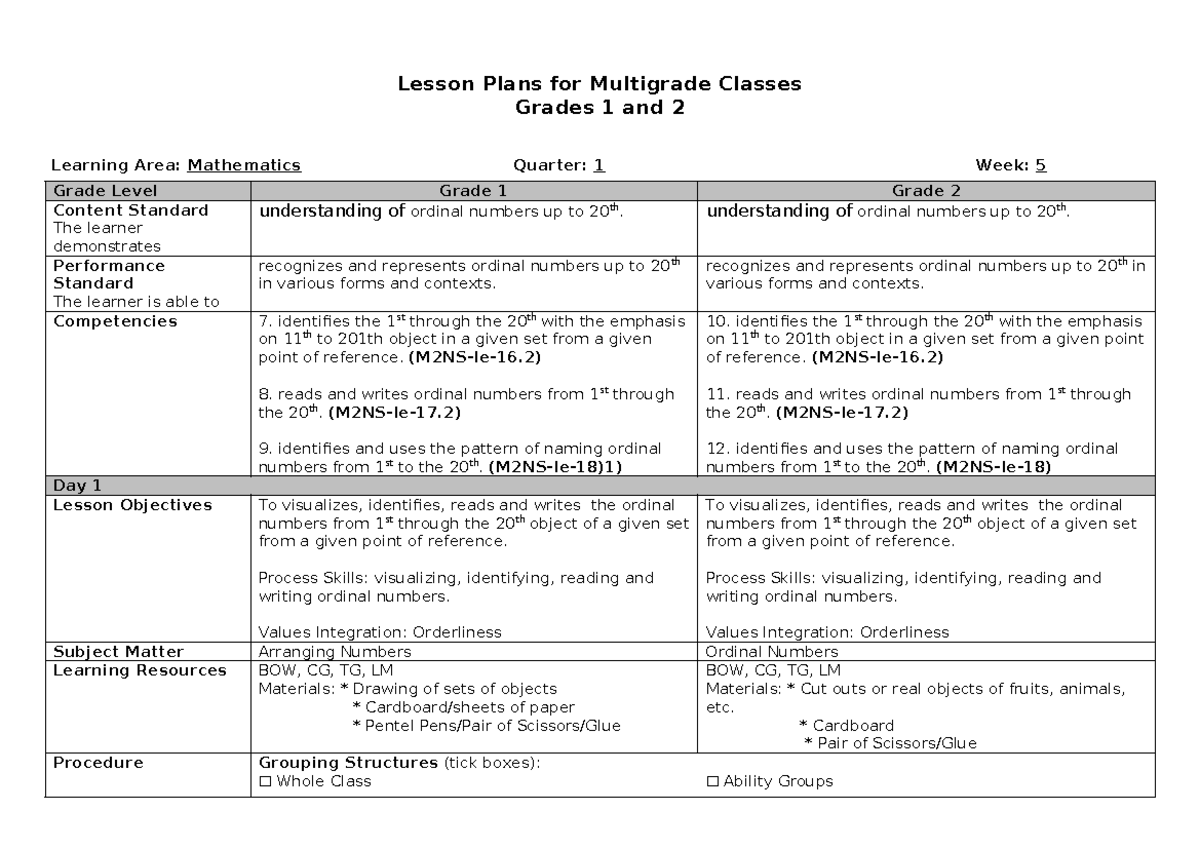 422469762 Lesson Plan: Teaching Ordinal Numbers for Grades 1-2 - Studocu
