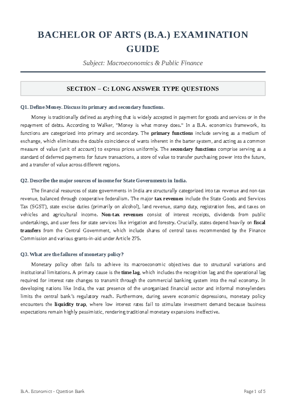 B.A. Economics Exam Guide: Long Answer Questions & Key Concepts - Studocu