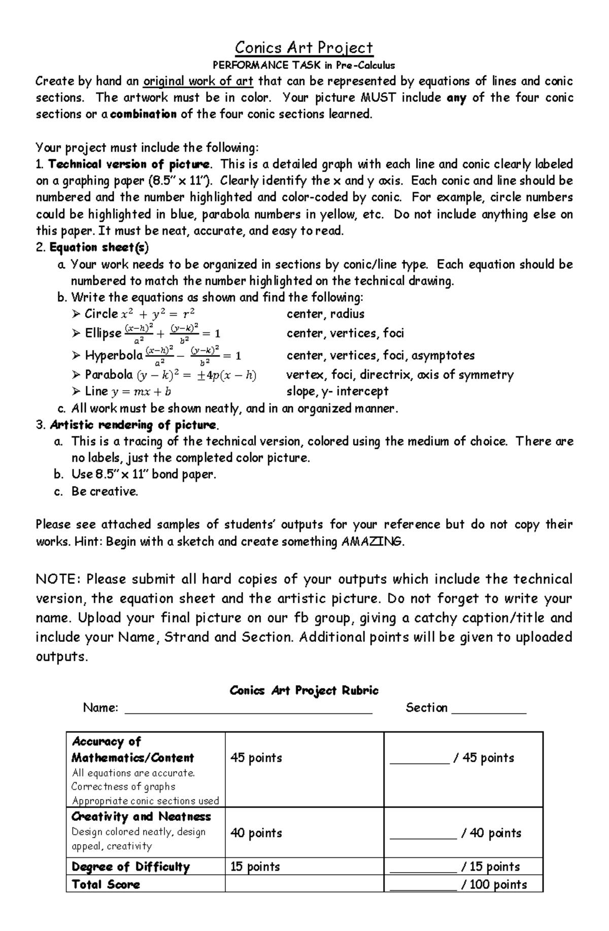 PT Precal - Conics Art Project Performance Task - Studocu
