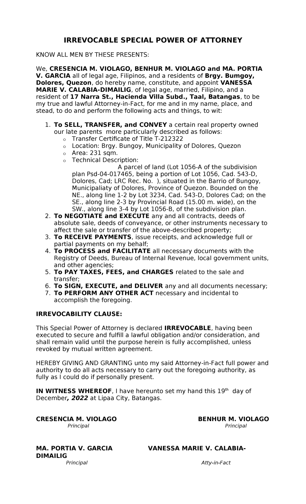IRREVOCABLE SPECIAL POWER OF ATTORNEY DOCUMENT - Studocu