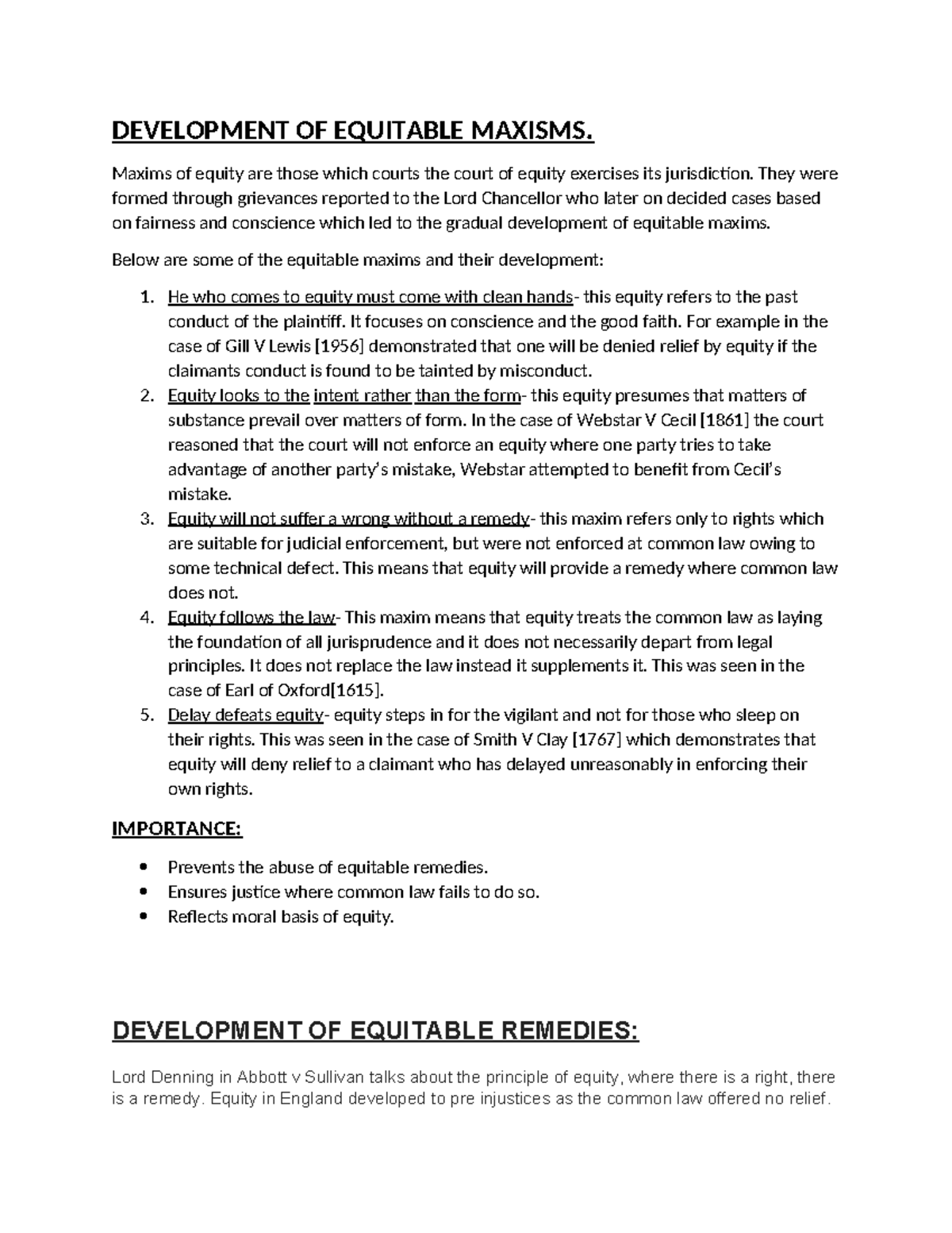 Development of Equitable Maxims in Law: Key Principles and Cases - Studocu