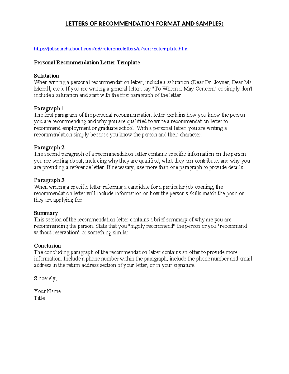 Personal Reference Letter Template: Format & Samples - Studocu