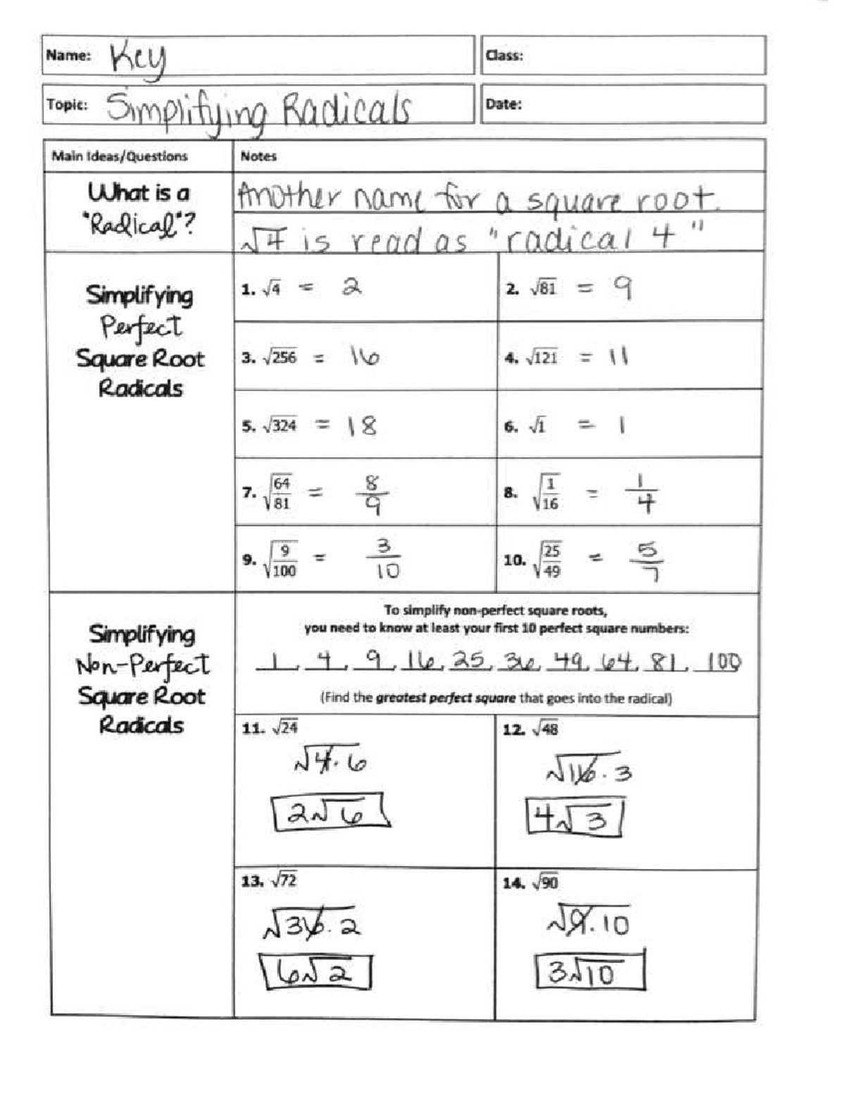Key Class Notes: Simplifying Radicals and Square Roots - Studocu