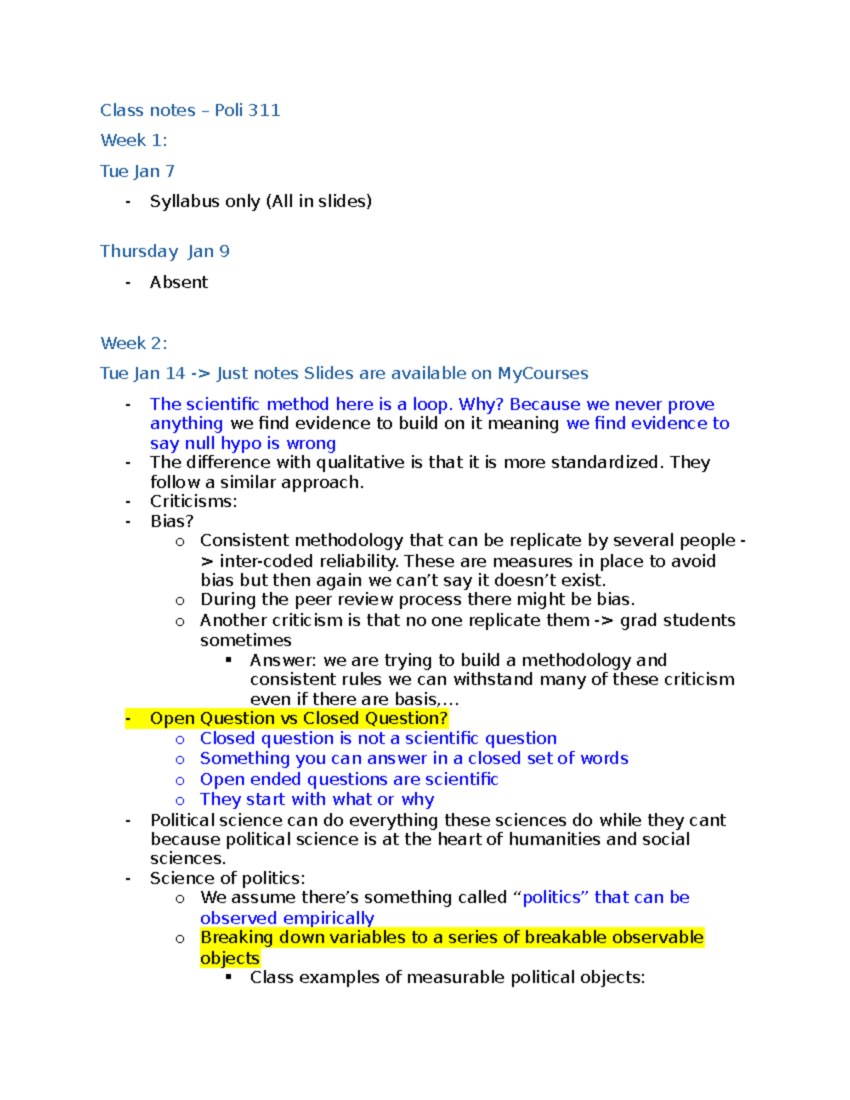 Poli 311 Class Notes: Weeks 1-3 Overview and Key Concepts - Studocu
