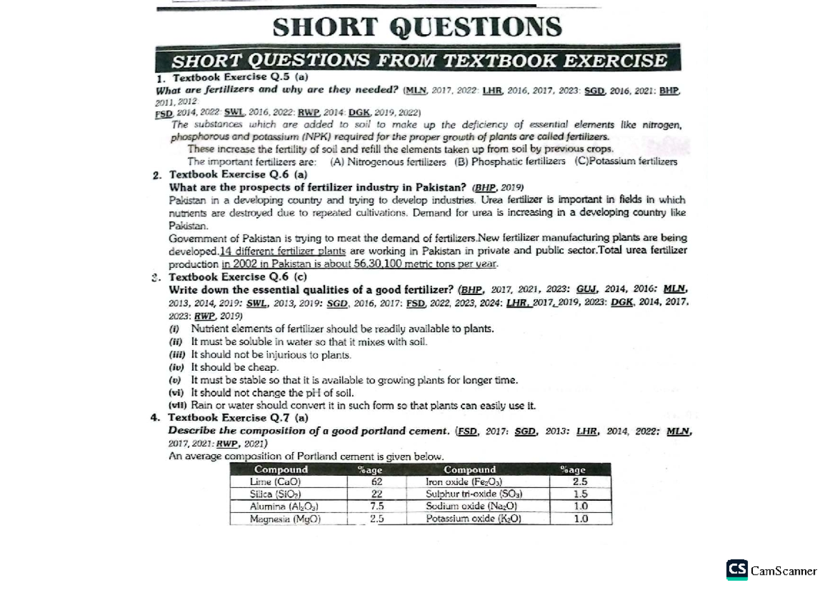 Fertilizers and Cement: Short Questions from Textbook Exercises (CHEM ...