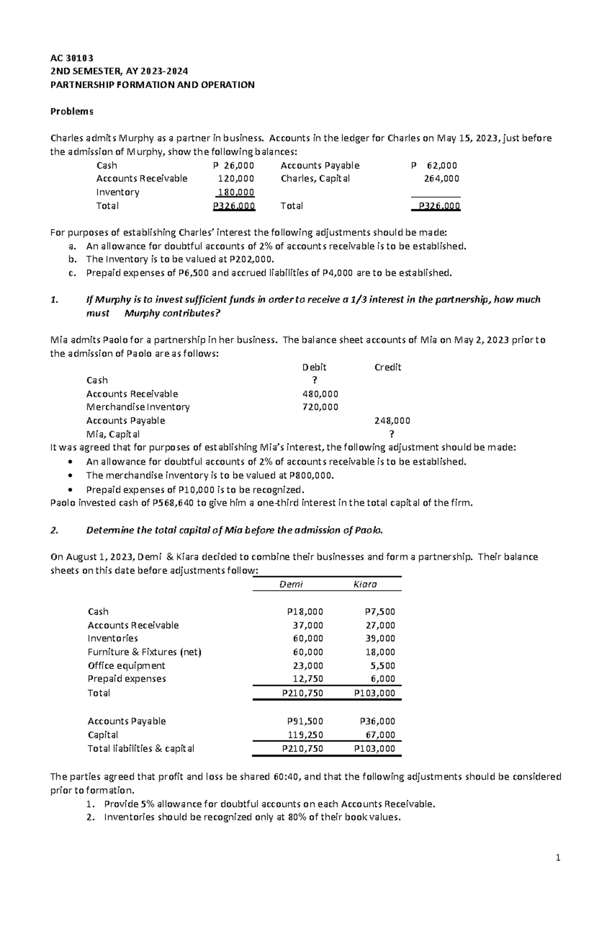 ACCO 30103 - Partnership Formation and Operations Case Study 2024 - Studocu