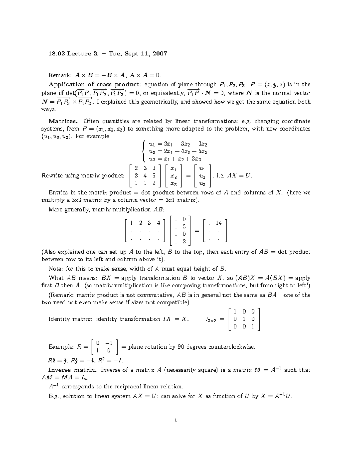 18.02 Lecture 3: Application of Cross Product and Matrices - Studocu