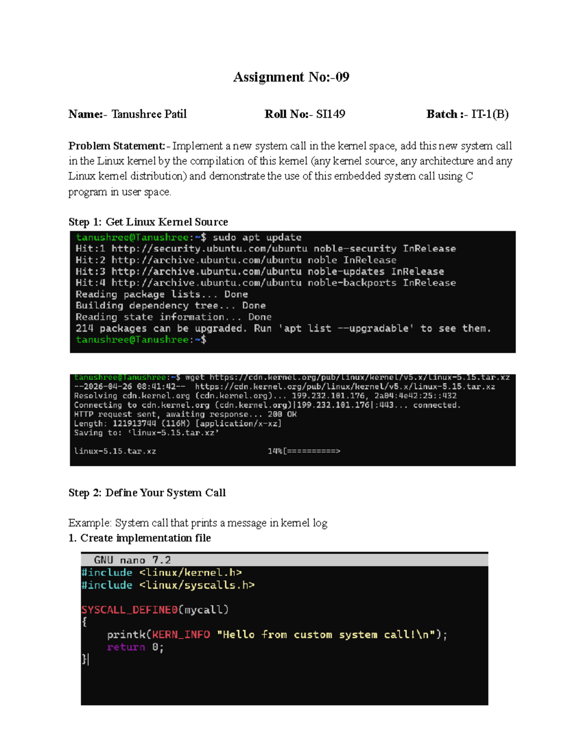 Exp9 SI149 - Implementing a New System Call in Linux Kernel - Studocu
