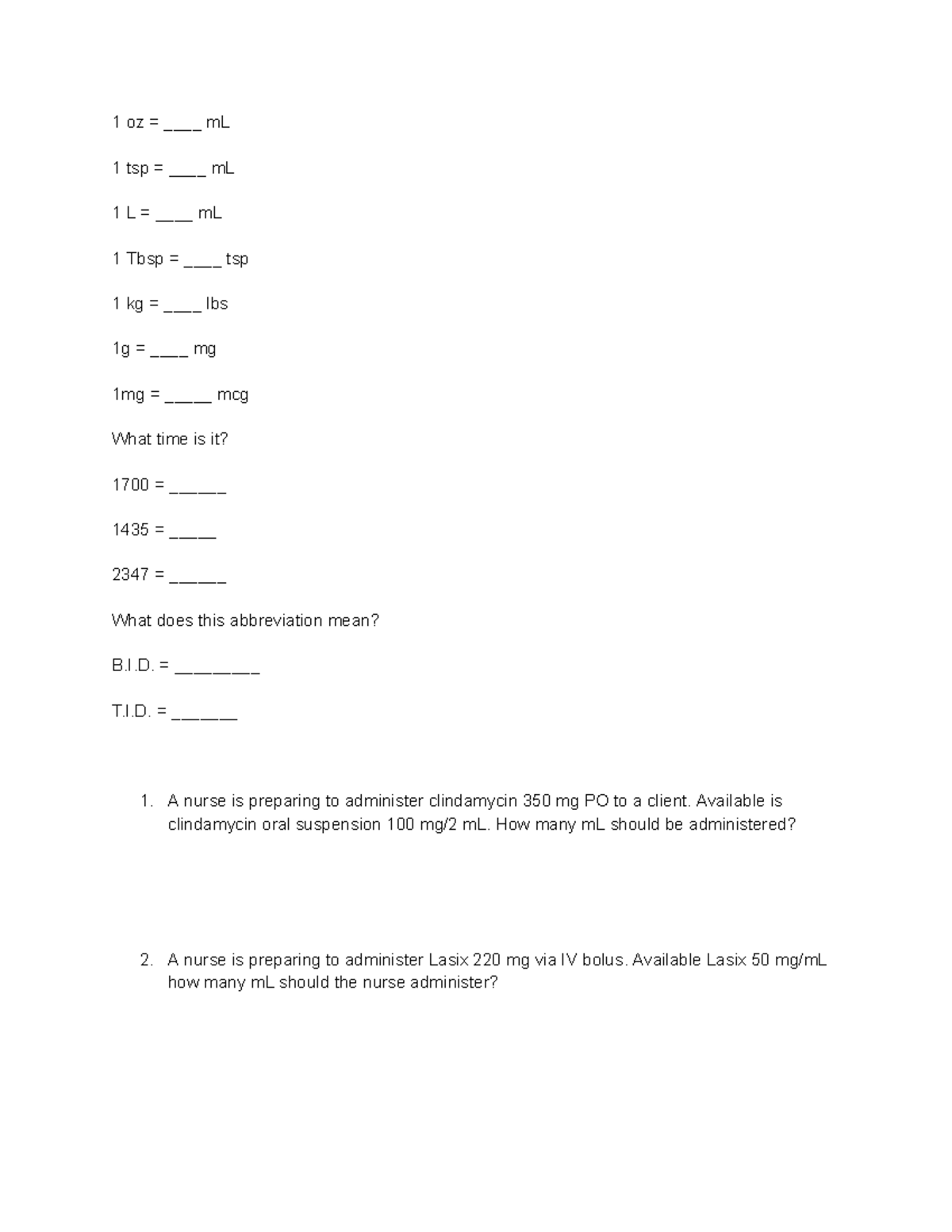 Med Math Practice Quiz - Dosage Calculations & Conversions - Studocu