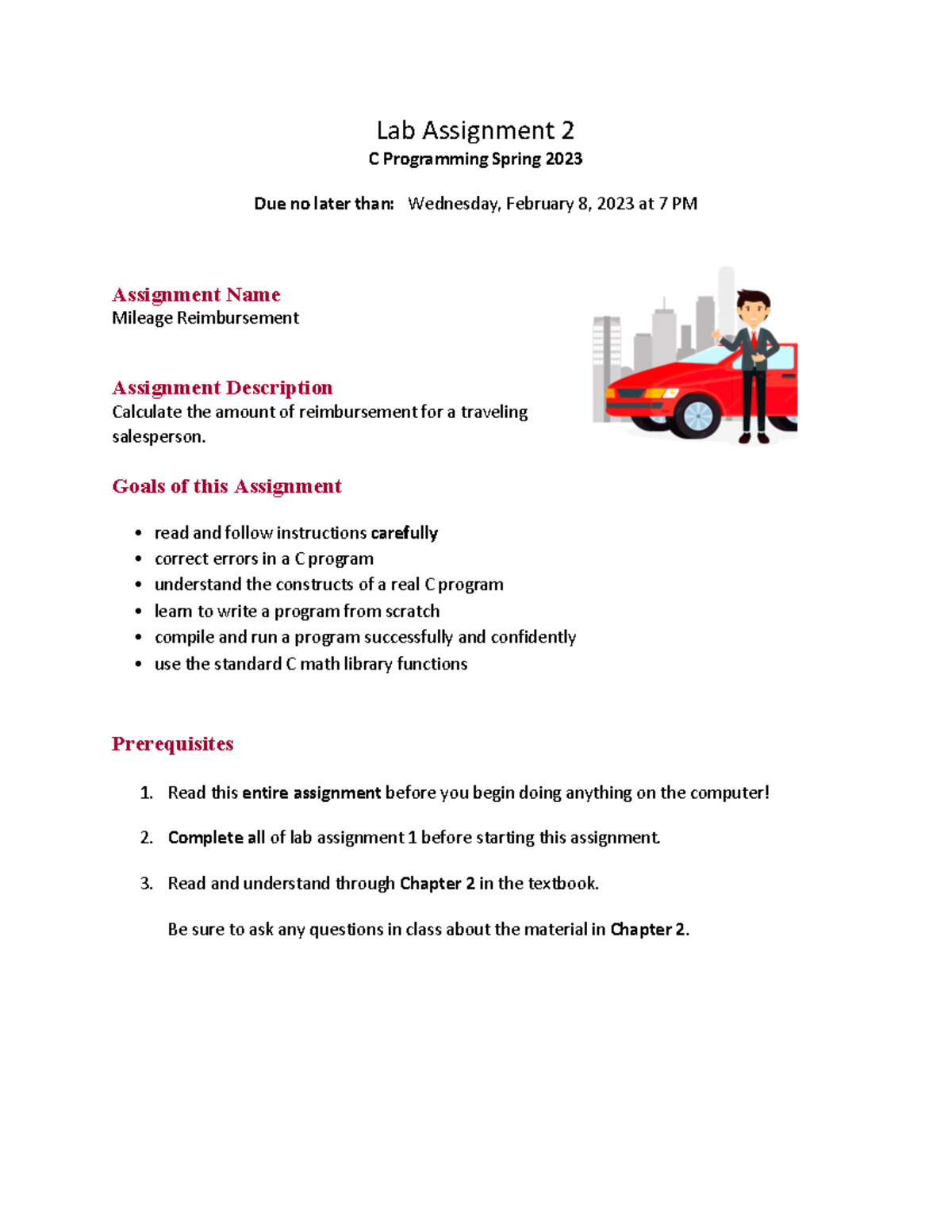 C Programming Lab 2 - Mileage Reimbursement Assignment (Spring 2023 ...