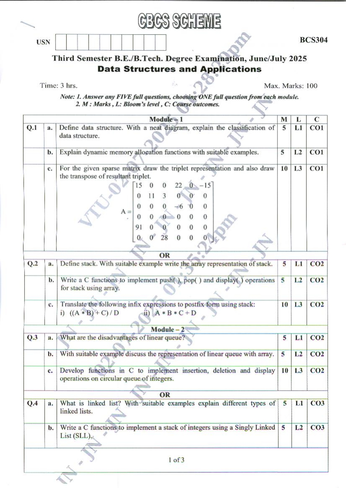 BCS304 DSA Model Question Paper (CBCS Scheme) - 3rd Sem B.E. - Studocu
