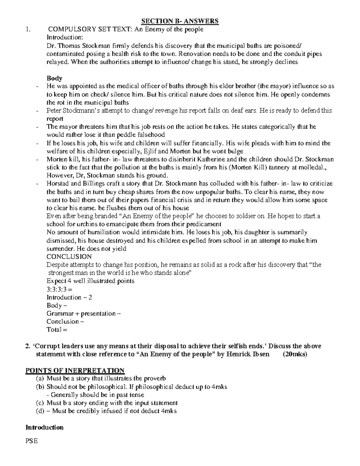 COMPULSORY QUESTIONS ANSWERS: An Enemy of the People (HENRIK IBSEN ...