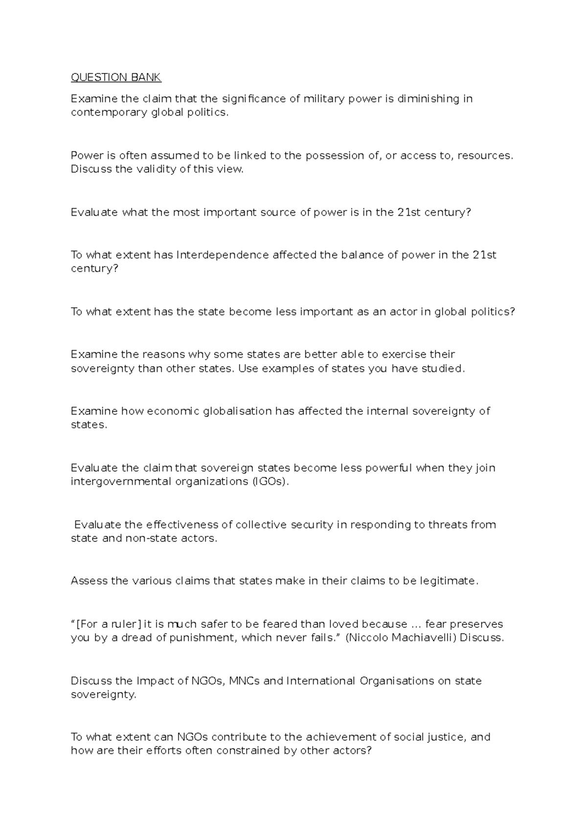 Global POL. EXAM Questions - QUESTION BANK Examine the claim that the ...